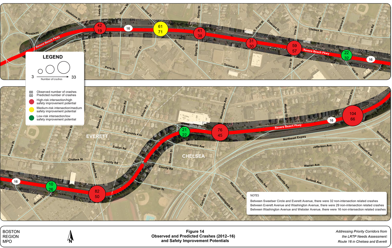 Figure 14 Observed and Predicted Crashes (2012–16) and Safety Improvement Potentials
Figure 14 is a map of the study area showing observed and expected crashes and safety improvement potentials.
Figure 14
Observed and Predicted Crashes (2012–16) and Safety Improvement Potentials
Figure 14 is a map of the study area showing observed and expected crashes and safety improvement potentials.